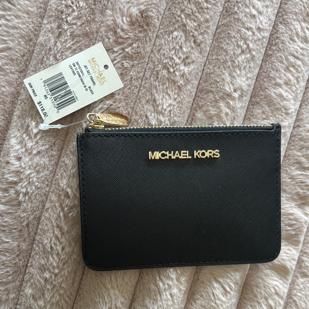 Michael Kors Black Saffiano Leather Zip Card Pouch with Gold Hardware